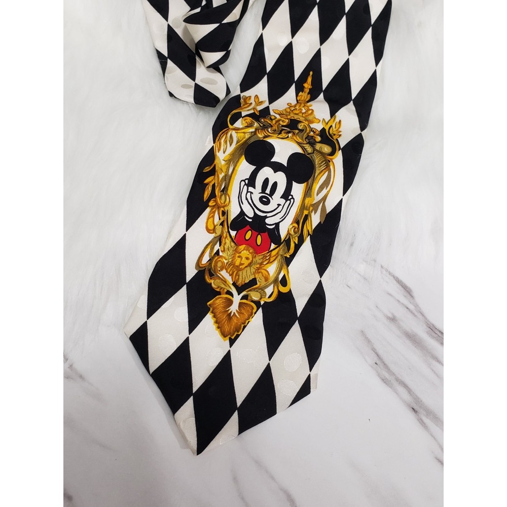 Disney MICKEY MOUSE Argyle Harlequin Tie Black White regal hollywood regency
